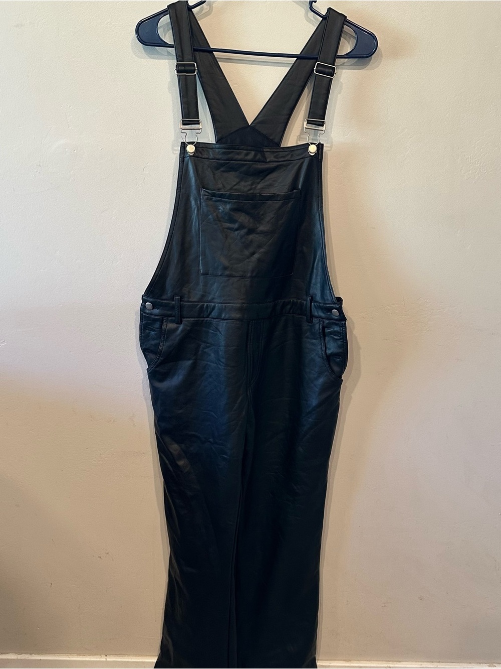Honey Punch Black Faux Leather Overall Bib Jumpsuit Sleeveless Pockets L